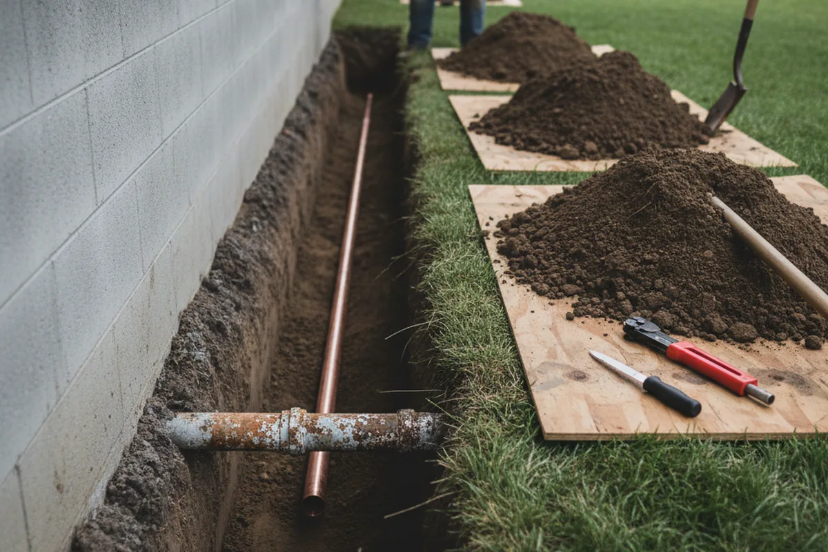 Excavated water line trench during Water Heater Repair in Shrewsbury